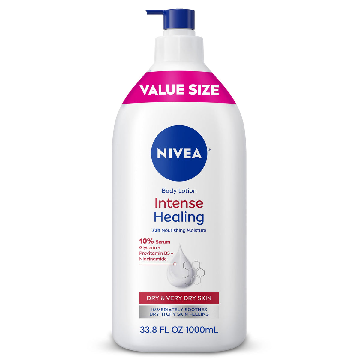 NIVEA front pump bottle showing product and easy dispensing benefit
