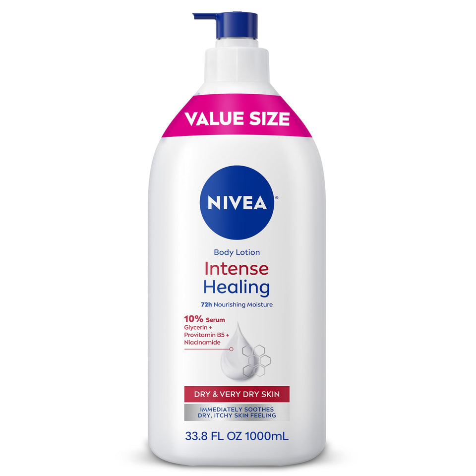 NIVEA front pump bottle showing product and easy dispensing benefit
