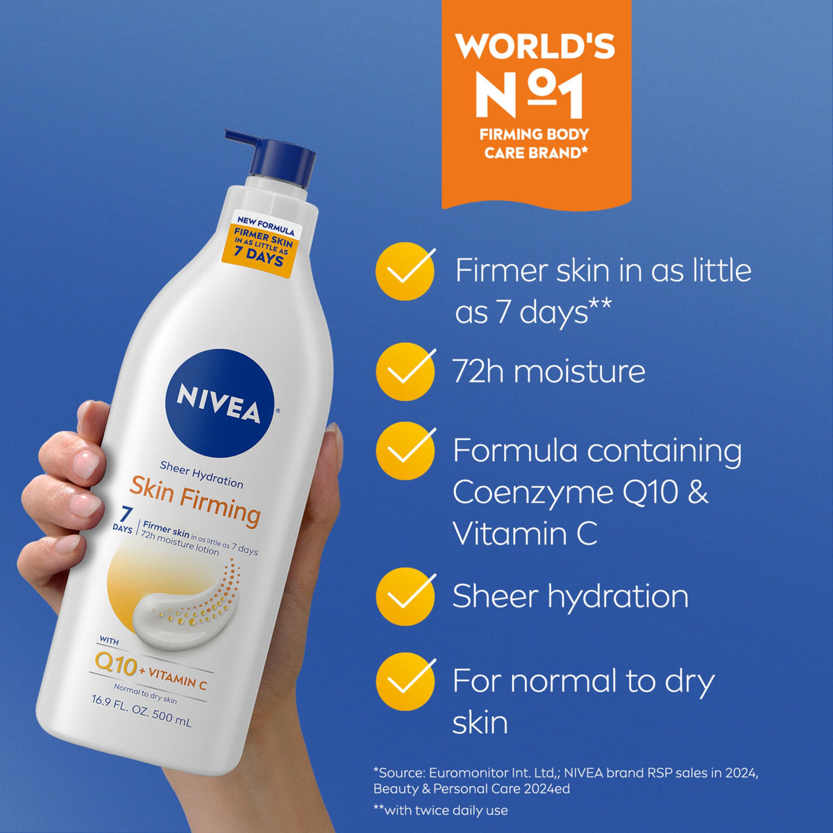 NIVEA lotion pump dispensing creamy texture that provides 72-hour hydration benefit