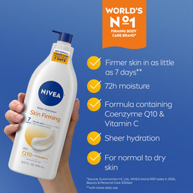 NIVEA lotion pump dispensing creamy texture that provides 72-hour hydration benefit