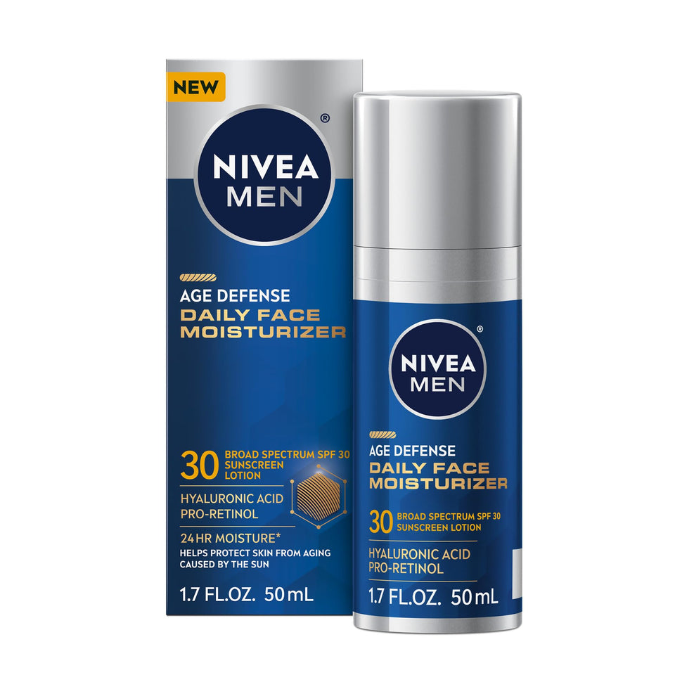 NIVEA MEN front bottle showing SPF 30 and Age Defense benefits for daily protection