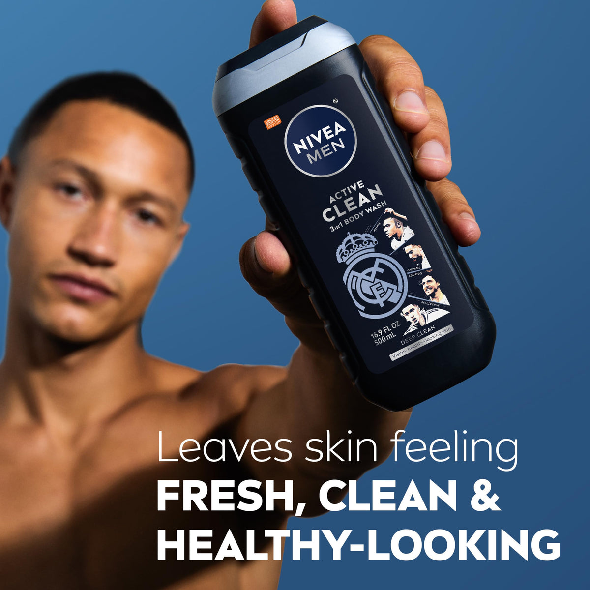 NIVEA MEN bottle held in hand shows size and travel-friendly benefit