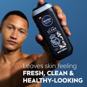 NIVEA MEN bottle held in hand shows size and travel-friendly benefit