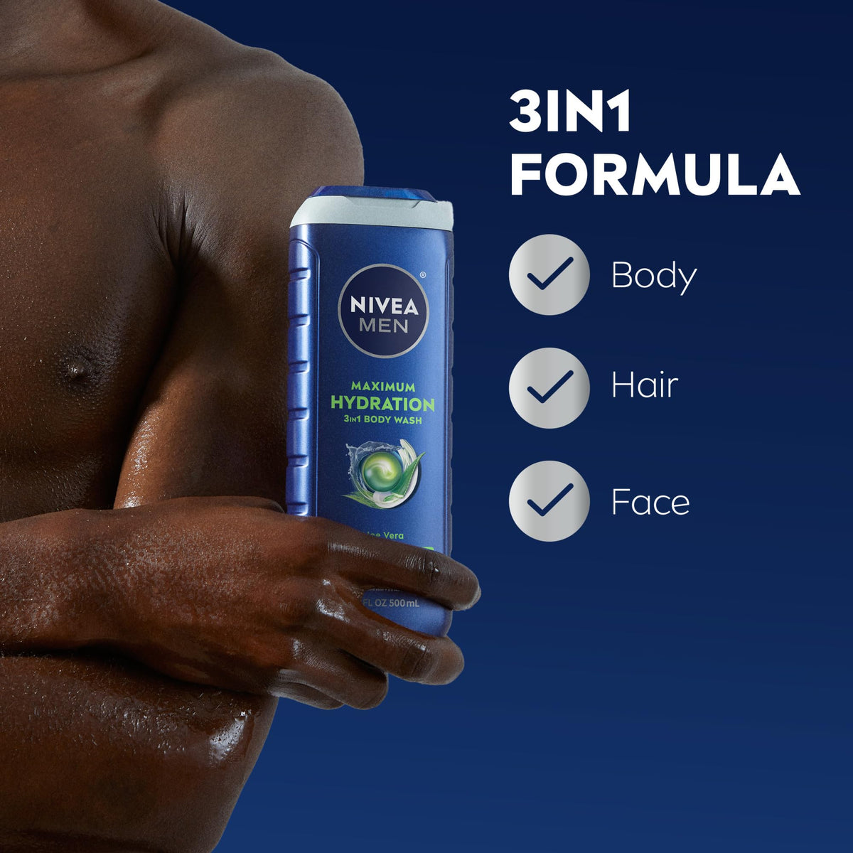 NIVEA MEN label close-up highlighting aloe vera and paraben-free formula benefits