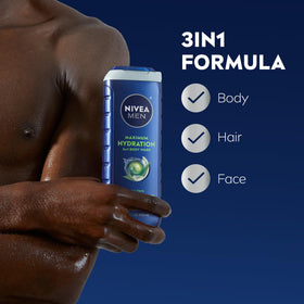 NIVEA MEN label close-up highlighting aloe vera and paraben-free formula benefits