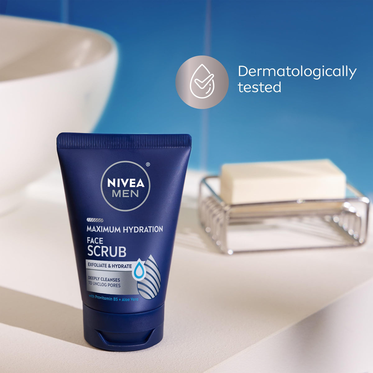 NIVEA MEN scrub placed by sink in bathroom showing everyday grooming convenience