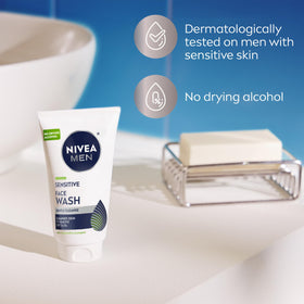 NIVEA MEN tube next to sink showing daily routine convenience benefit