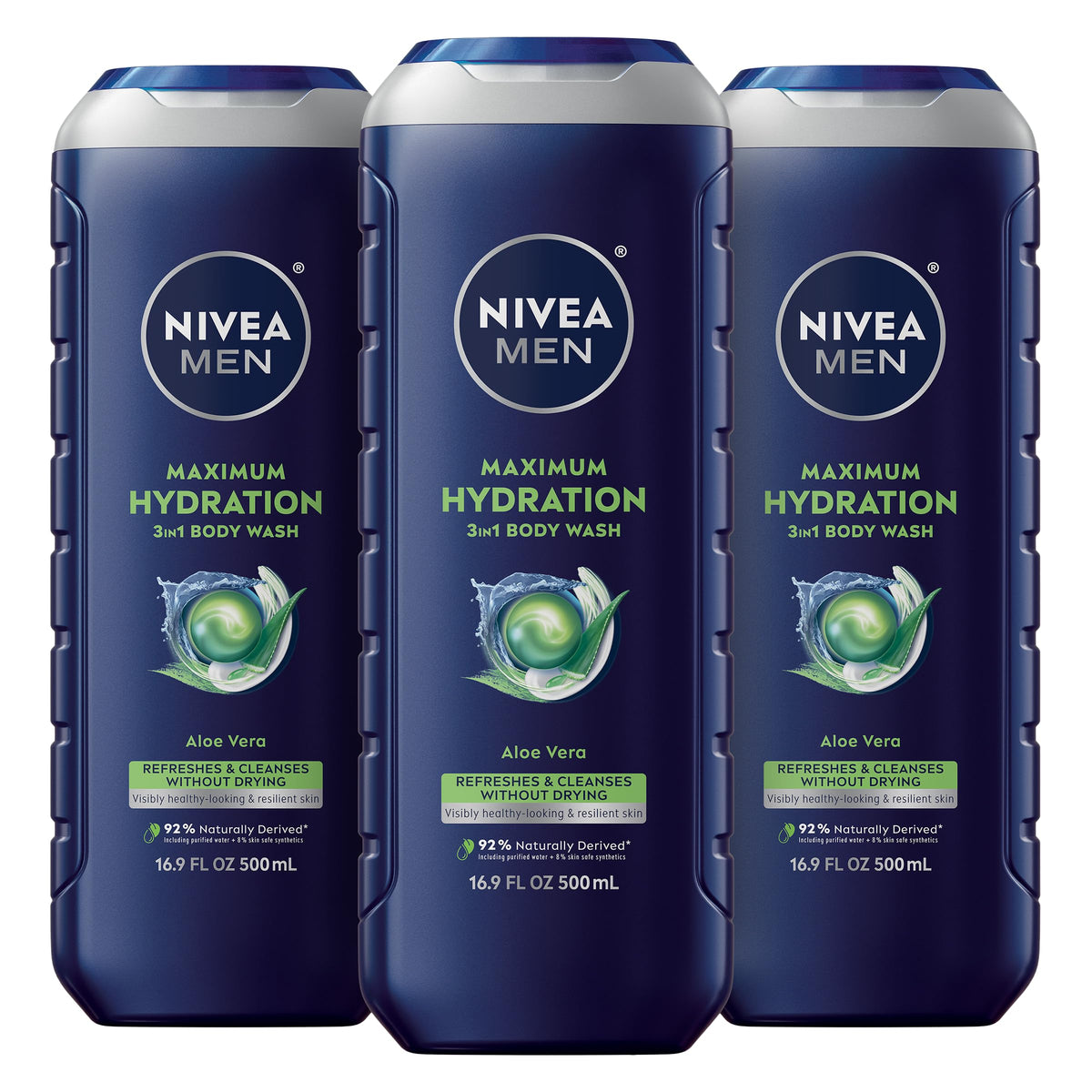 NIVEA MEN front pack showing three 16.9 fl oz bottles and clear branding for convenience