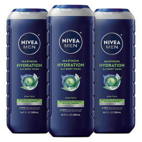 NIVEA MEN front pack showing three 16.9 fl oz bottles and clear branding for convenience