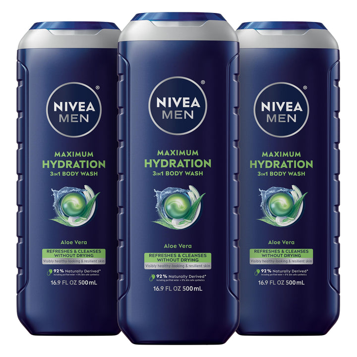NIVEA MEN front pack showing three 16.9 fl oz bottles and clear branding for convenience