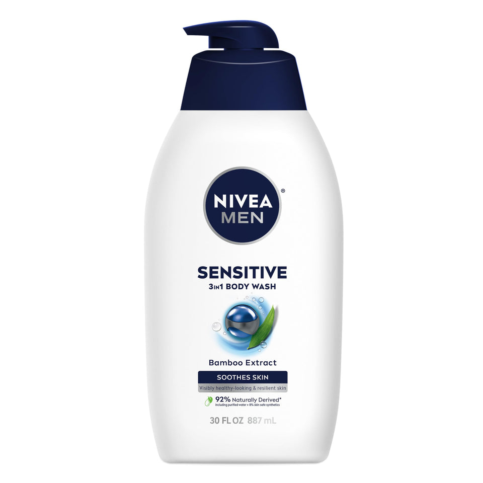 NIVEA MEN front packaging 30oz shows bottle and clear labeling benefit gentle cleansing