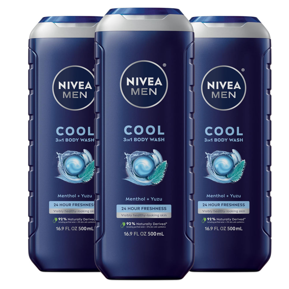 NIVEA MEN front packaging showing cool 3-in-1 bottle and benefits