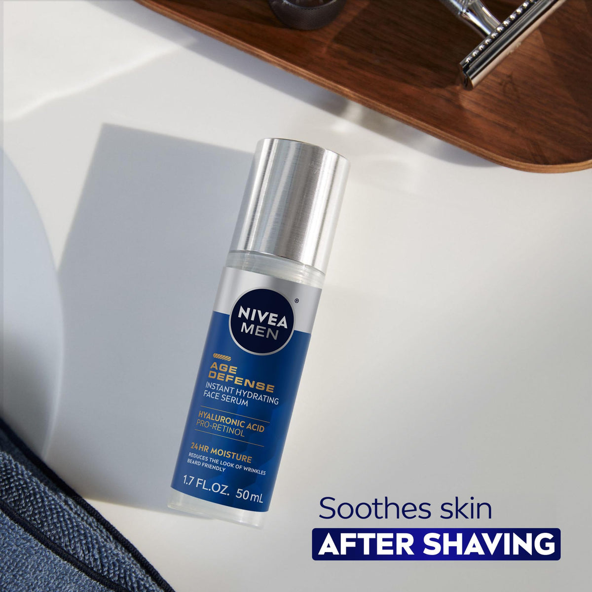 NIVEA MEN label closeup listing Pro‑Retinol and Hyaluronic Acid benefits