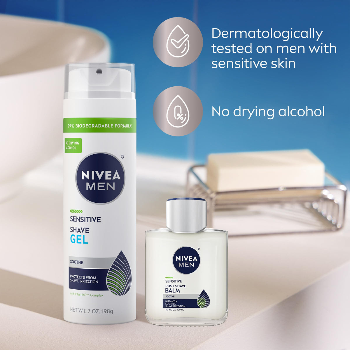 NIVEA MEN products on bathroom counter in everyday routine, organized grooming benefit
