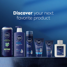 NIVEA MEN on bathroom shelf among grooming items showing routine-ready benefit