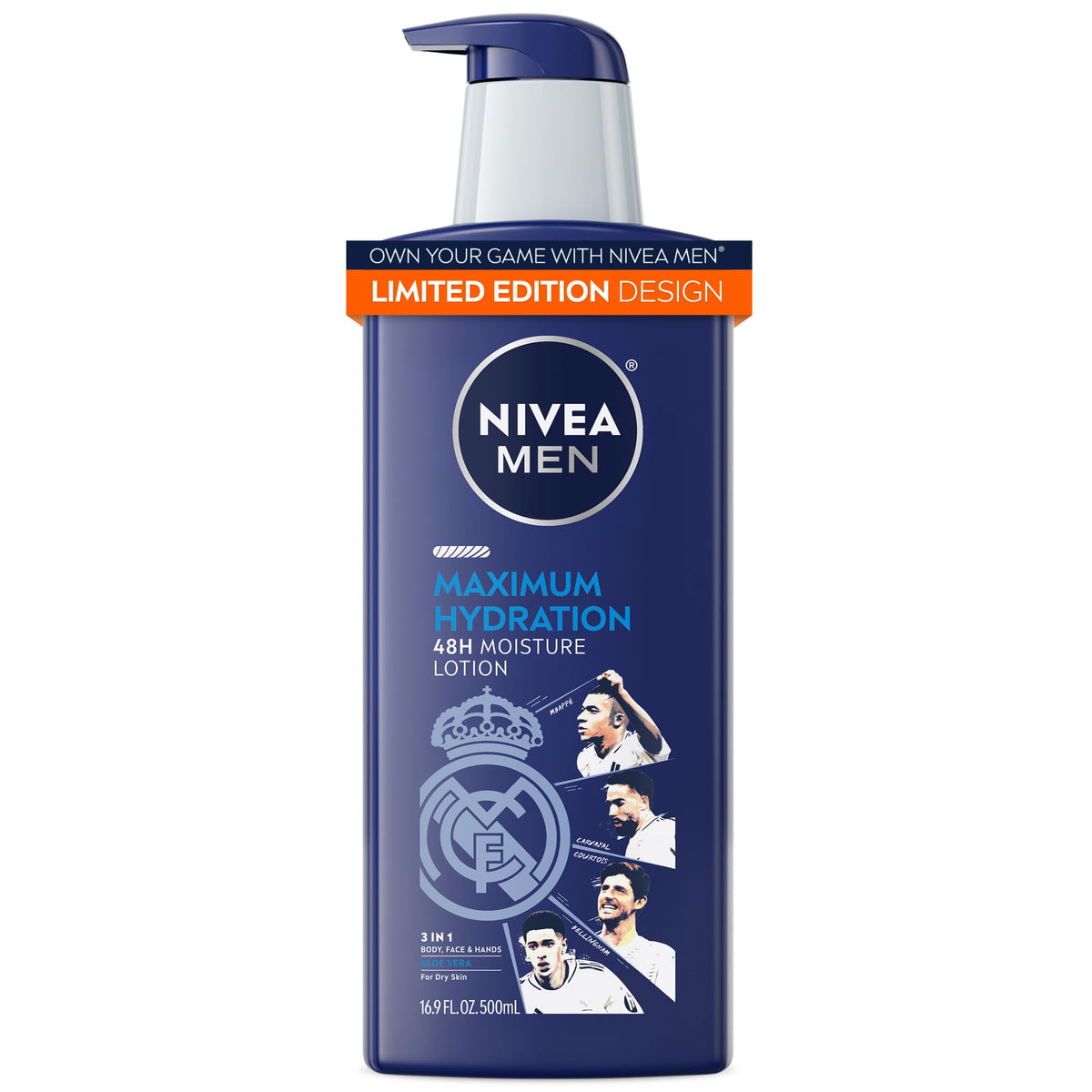 NIVEA MEN front bottle showing Real Madrid design and hydration benefit
