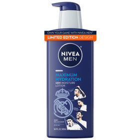 NIVEA MEN front bottle showing Real Madrid design and hydration benefit