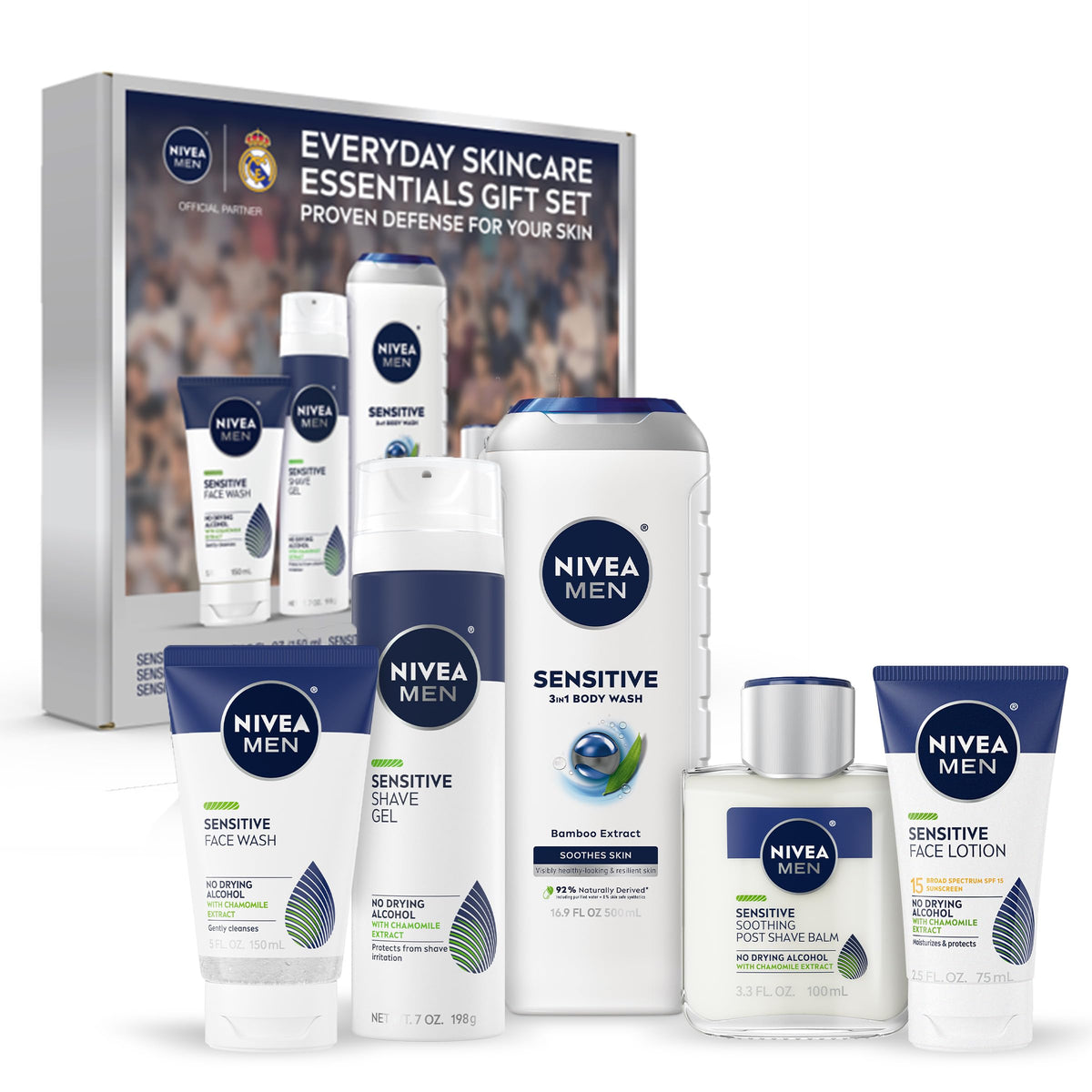 NIVEA MEN set front packaging showing all five products for an easy routine