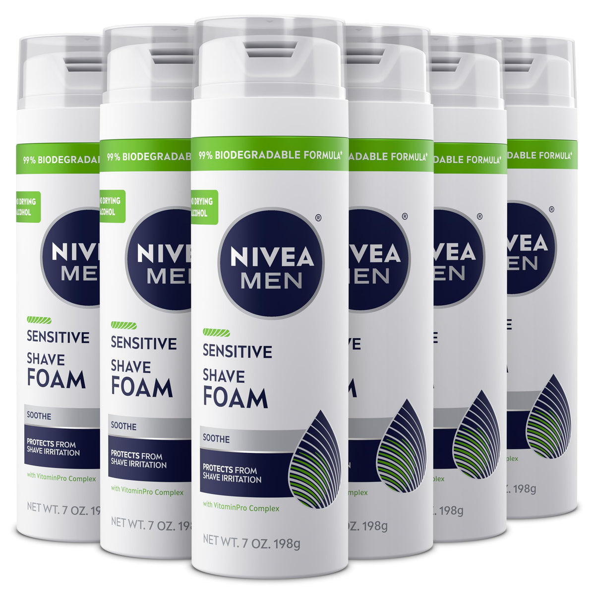 NIVEA MEN front packaging showing six 7 oz cans, convenient value pack