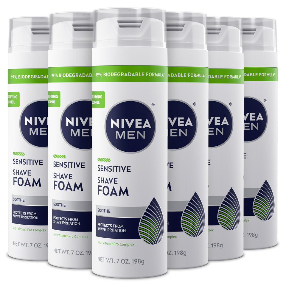 NIVEA MEN front packaging showing six 7 oz cans, convenient value pack