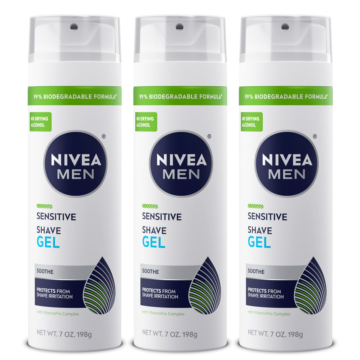 NIVEA MEN front packaging showing three cans and product benefits