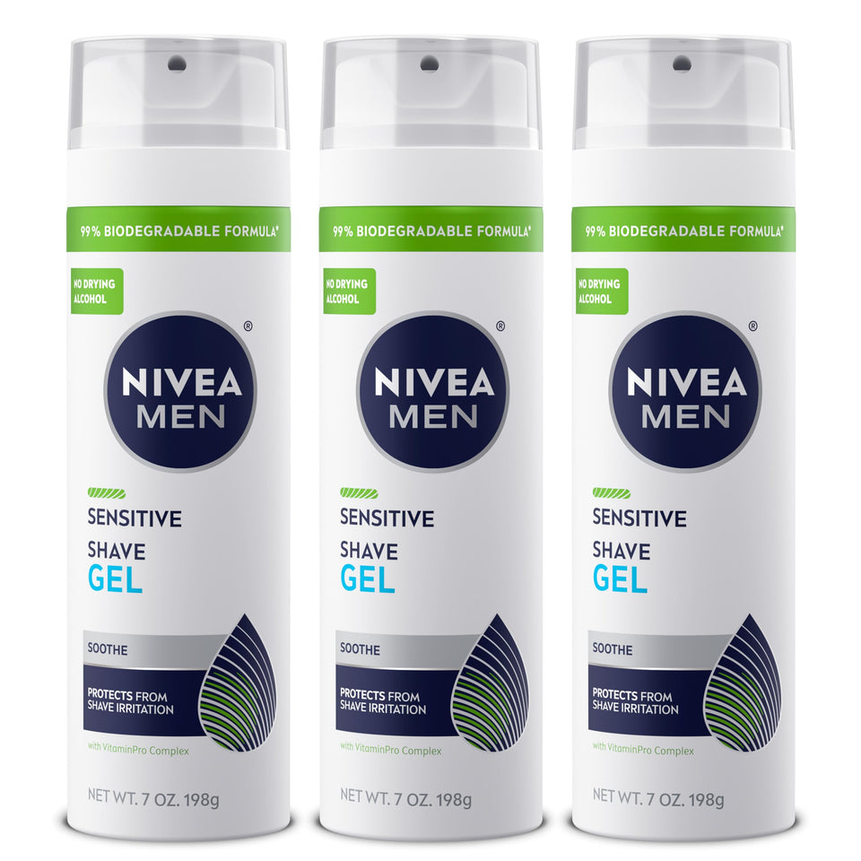 NIVEA MEN front packaging showing three cans and product benefits