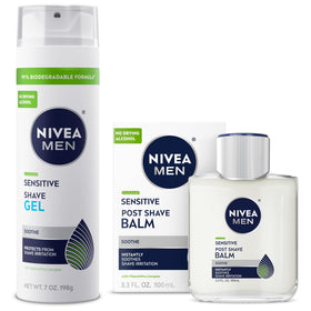 NIVEA MEN front packaging showing both shave gel and balm, clear product view and benefit