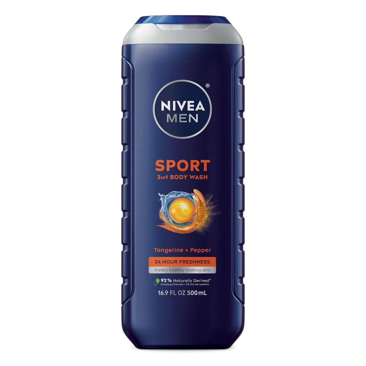 NIVEA MEN front bottle shot showing tangerine pepper fragrance and benefits