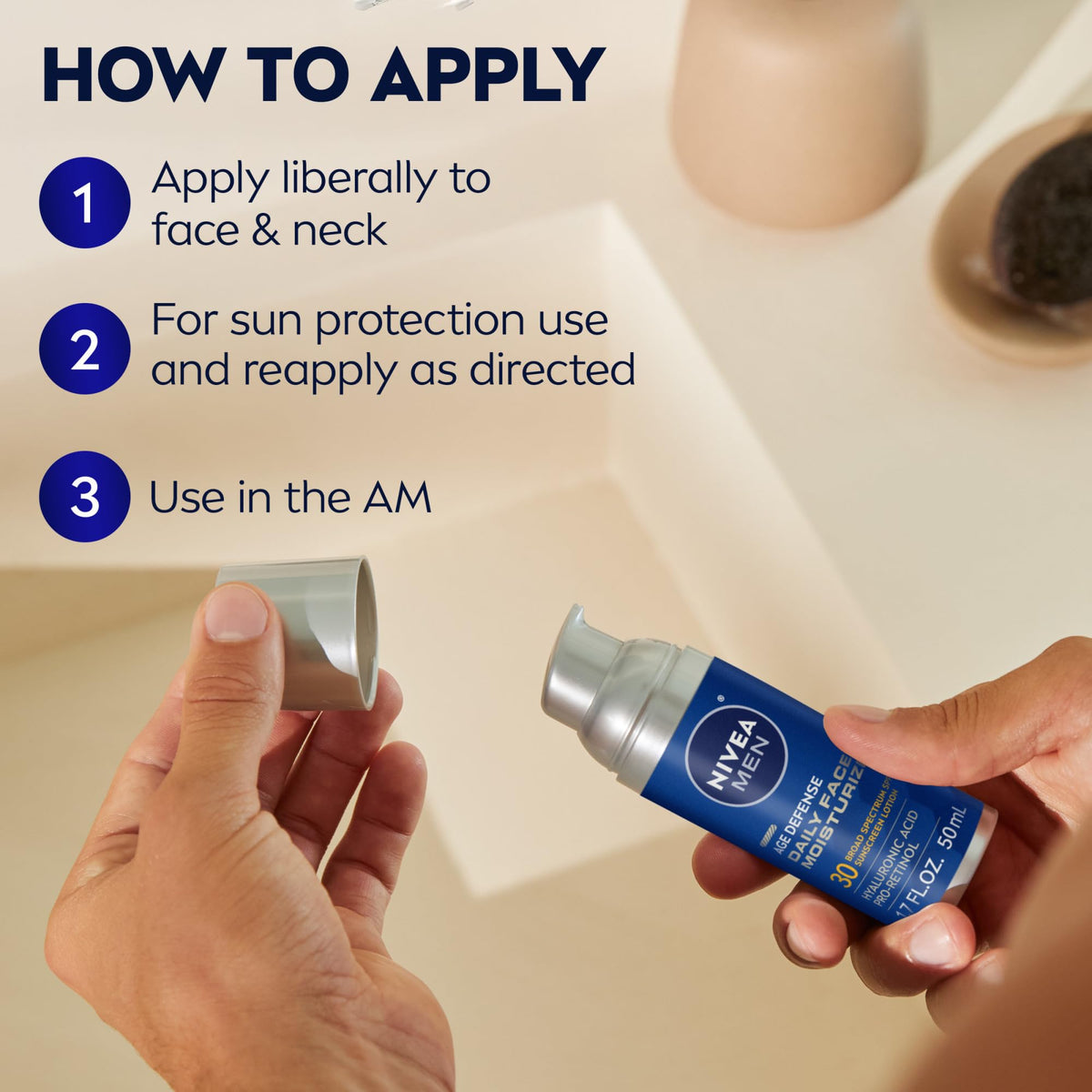 NIVEA MEN used in a morning routine on bathroom counter promoting daily sun care
