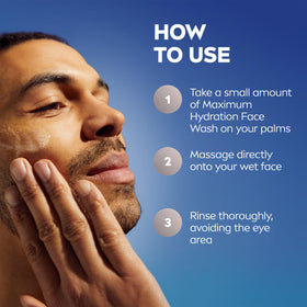 NIVEA MEN tube next to hand showing compact 2.5 fl oz travel size benefit