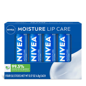 NIVEA front packaging showing four moisture lip care sticks for easy replenishment