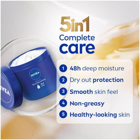 NIVEA open jar top view showing creamy almond-oil formula and easy-scoop benefit