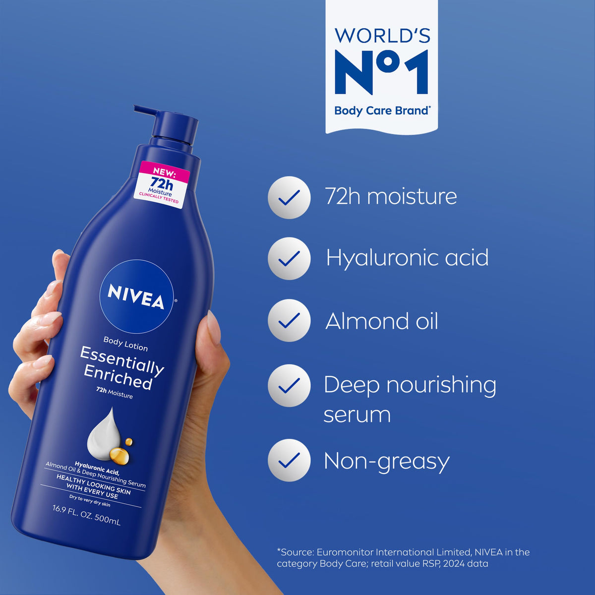 NIVEA pump dispensing lotion demonstrating easy controlled application and less waste