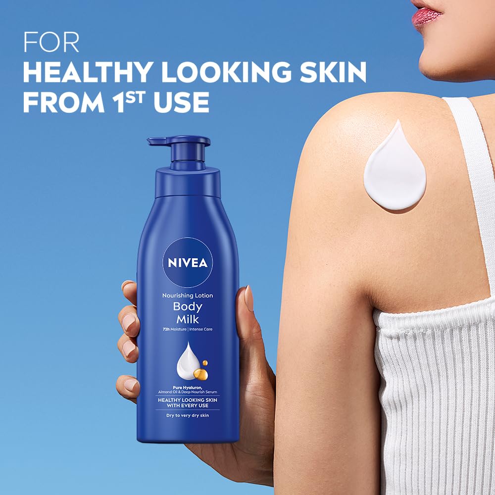 NIVEA dispensing lotion into hand demonstrating quick absorption benefit