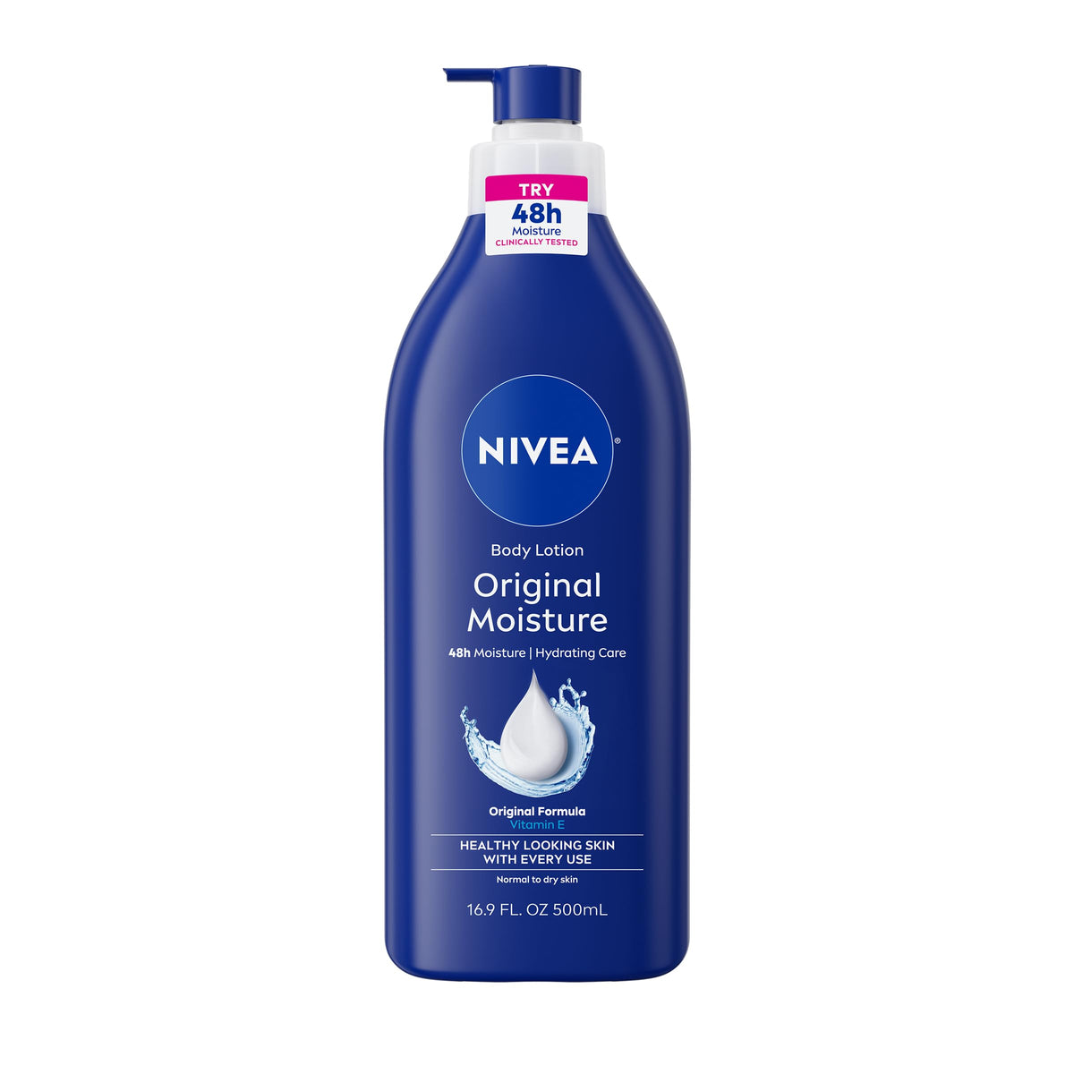 NIVEA front pump bottle showing label and size, highlights easy dispensing benefit
