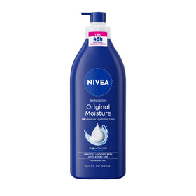 NIVEA front pump bottle showing label and size, highlights easy dispensing benefit