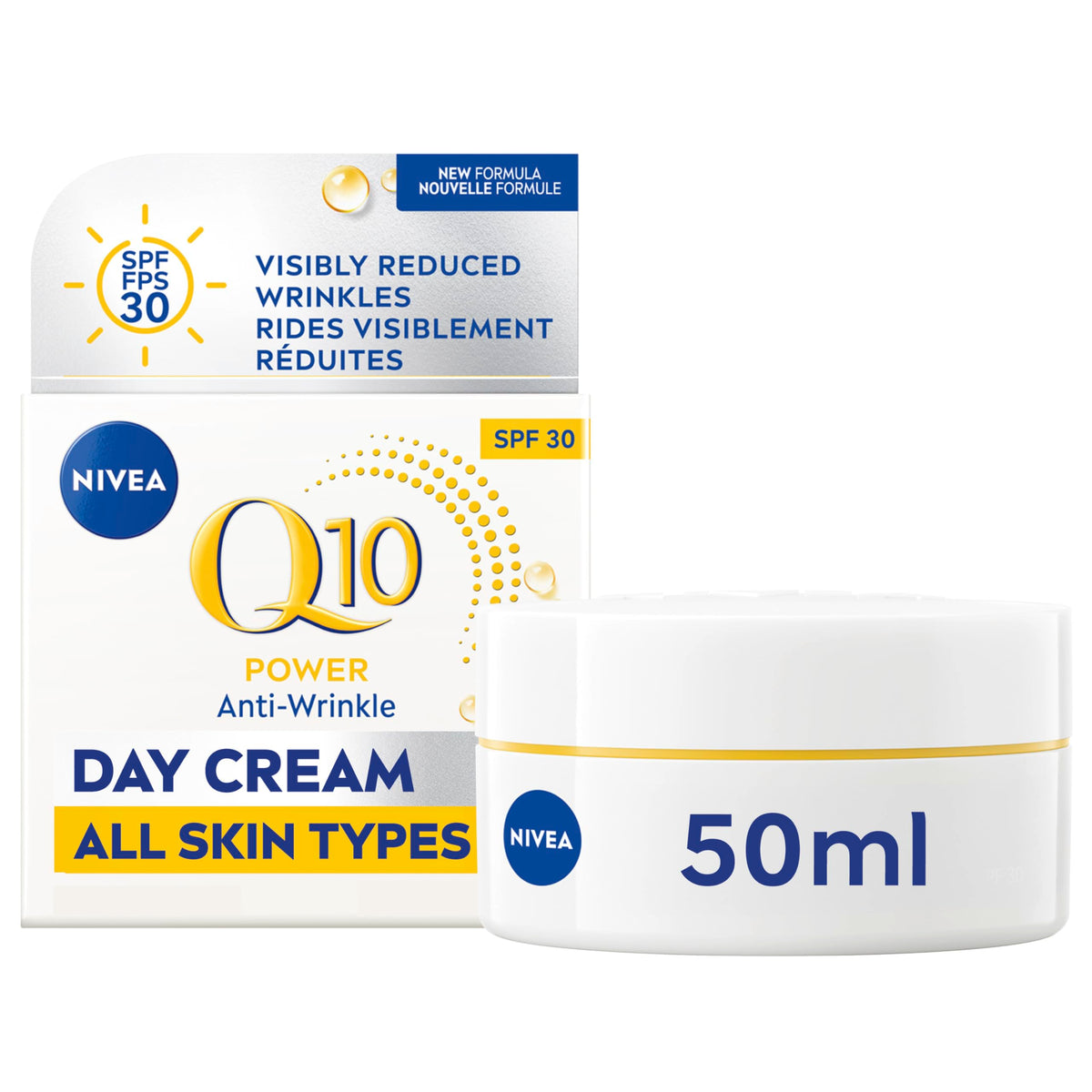 NIVEA Q10 day cream jar front view showing packaging and benefits