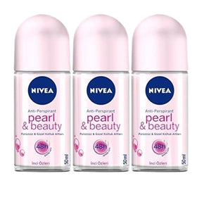NIVEA front packaging showing three Pearl & Beauty roll-ons for daily freshness