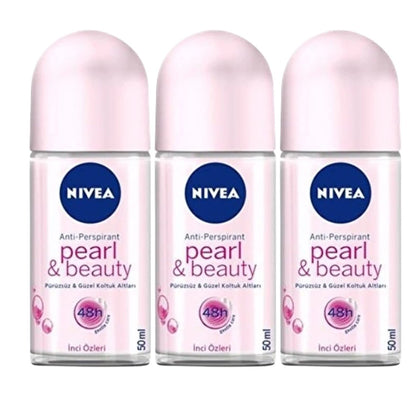 NIVEA front packaging showing three Pearl & Beauty roll-ons for daily freshness