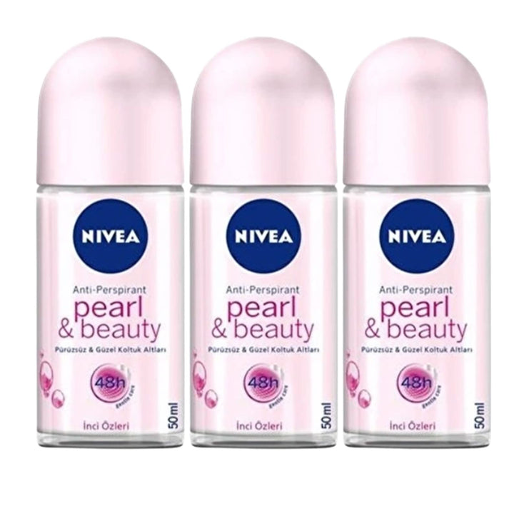NIVEA front packaging showing three Pearl & Beauty roll-ons for daily freshness
