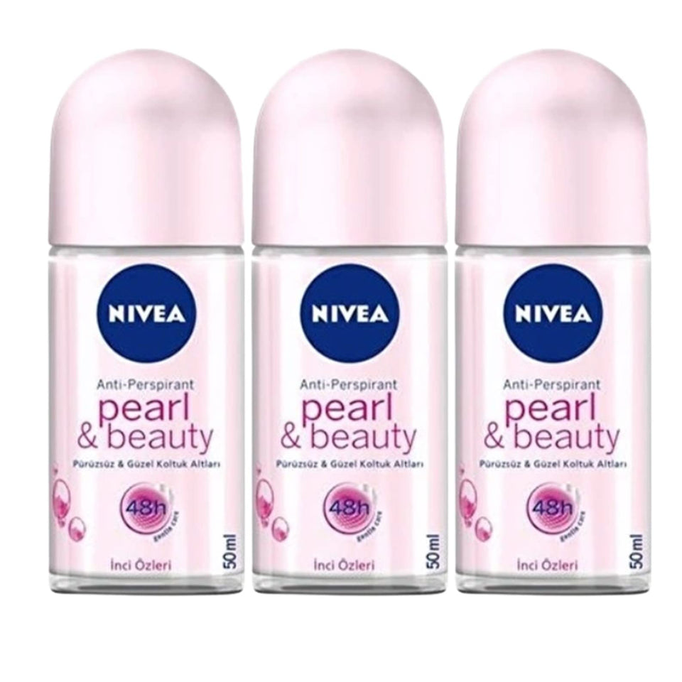 NIVEA front packaging showing three Pearl & Beauty roll-ons for daily freshness