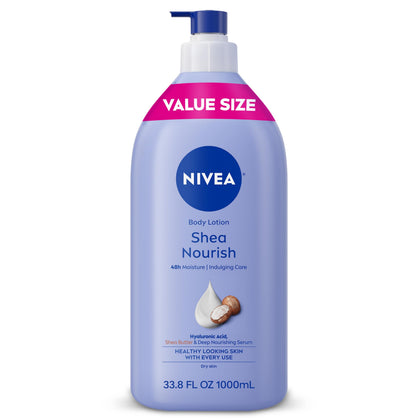 NIVEA front pump bottle showing large-volume value and easy dispensing