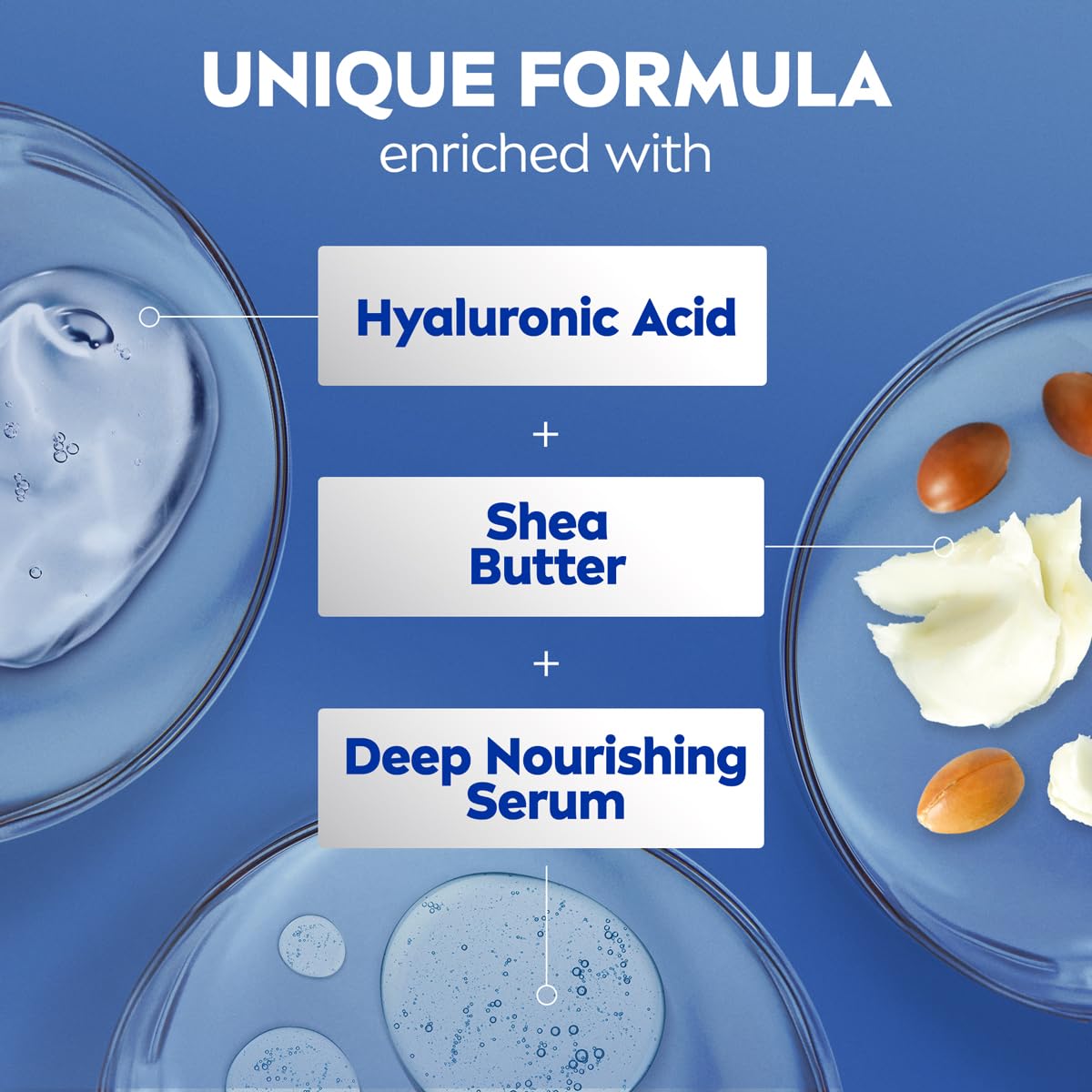 NIVEA bottle next to hand showing 33.8 oz scale and lasting supply