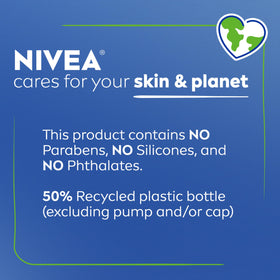 NIVEA bottle label showing recycled plastic badge and eco benefit