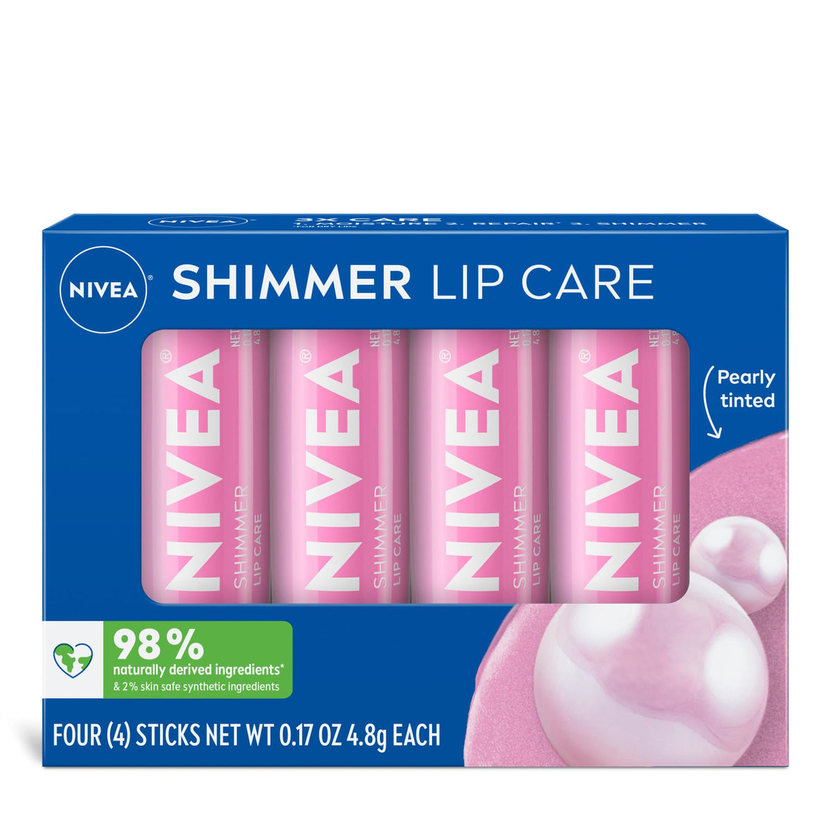 NIVEA front packaging of shimmer lip care showing product benefits