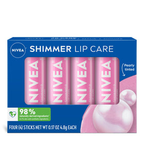 NIVEA front packaging of shimmer lip care showing product benefits
