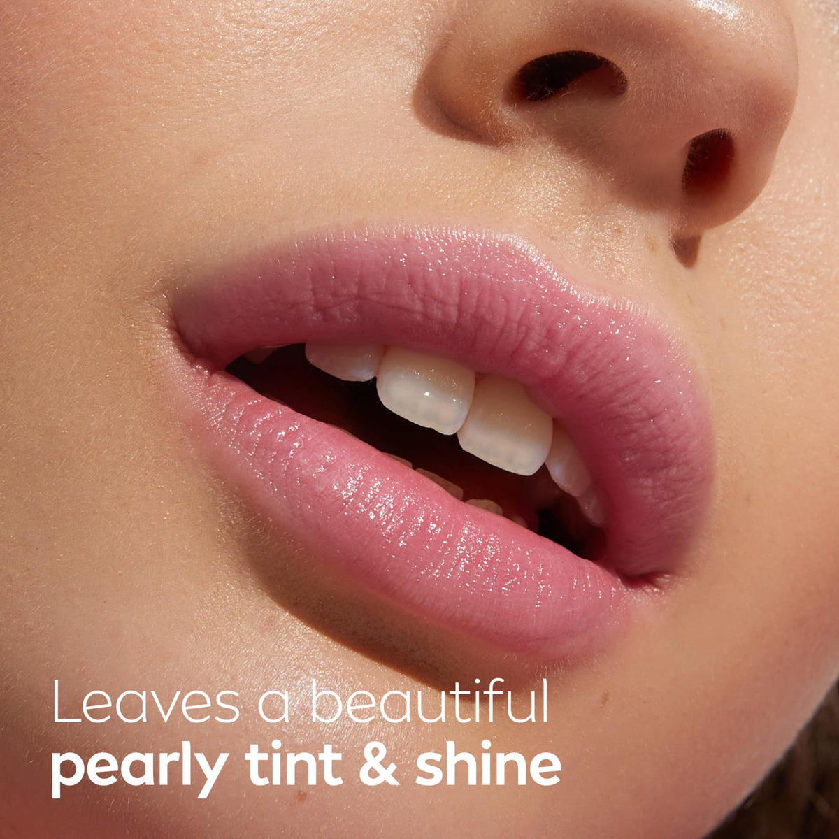 NIVEA model wearing shimmer lip care showing natural pearly tint
