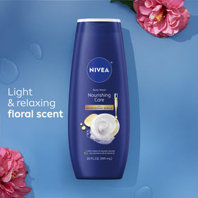 NIVEA bottle beside hand for scale demonstrating practical 20 fl oz size benefit