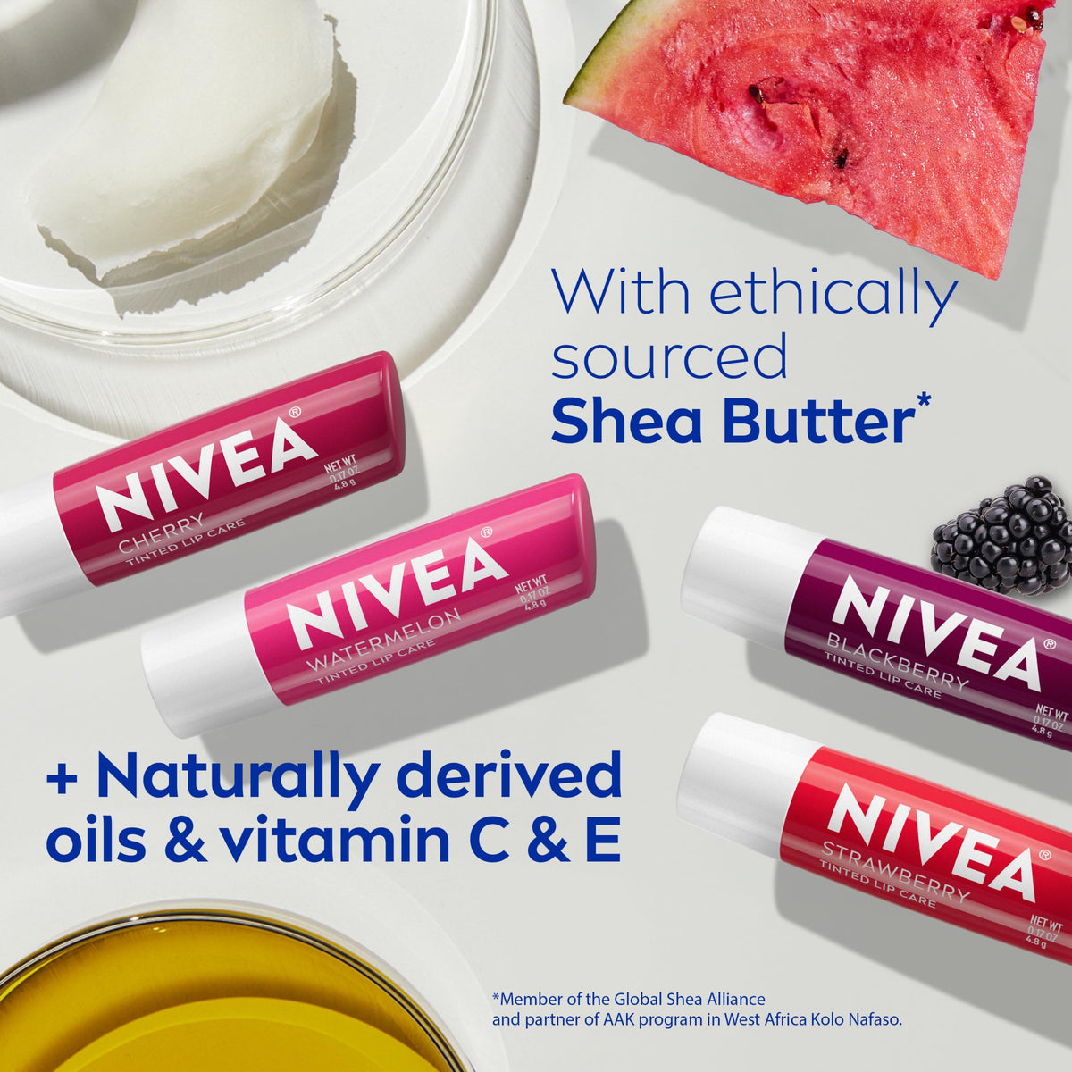 NIVEA lip balm next to coin demonstrating compact 0.17 oz size portability
