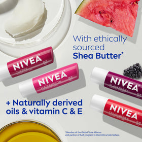 NIVEA lip balm next to coin demonstrating compact 0.17 oz size portability